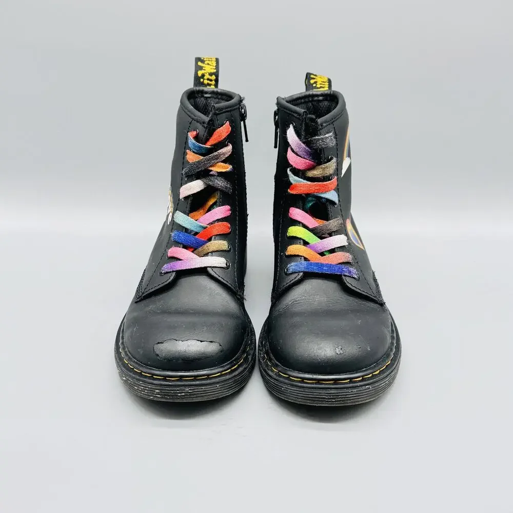 Dr. Martens Boots Youth 2 Black Rainbow Love Pride Stickers Lace Up 1460